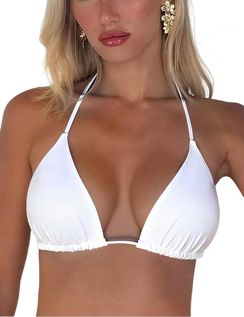 Tainehs Women's Sexy Halter Bikini Top String Micro Triangle Bikini Swimsuit Top White - Image 1